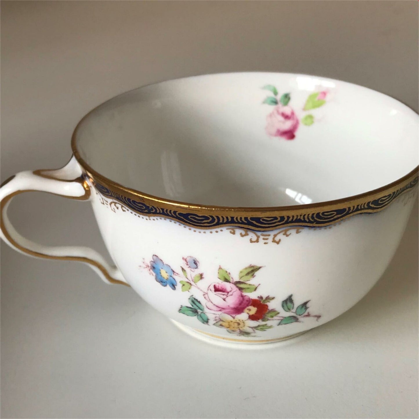 Antique Wedgwood China Cup - Blue And Gold Rim With Floral Sprays - Ornate Handle - Cabinet Ware
