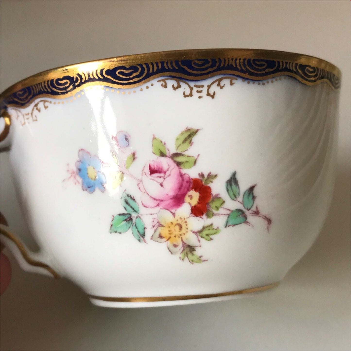 Antique Wedgwood China Cup - Blue And Gold Rim With Floral Sprays - Ornate Handle - Cabinet Ware