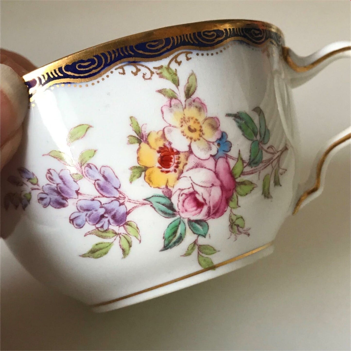 Antique Wedgwood China Cup - Blue And Gold Rim With Floral Sprays - Ornate Handle - Cabinet Ware