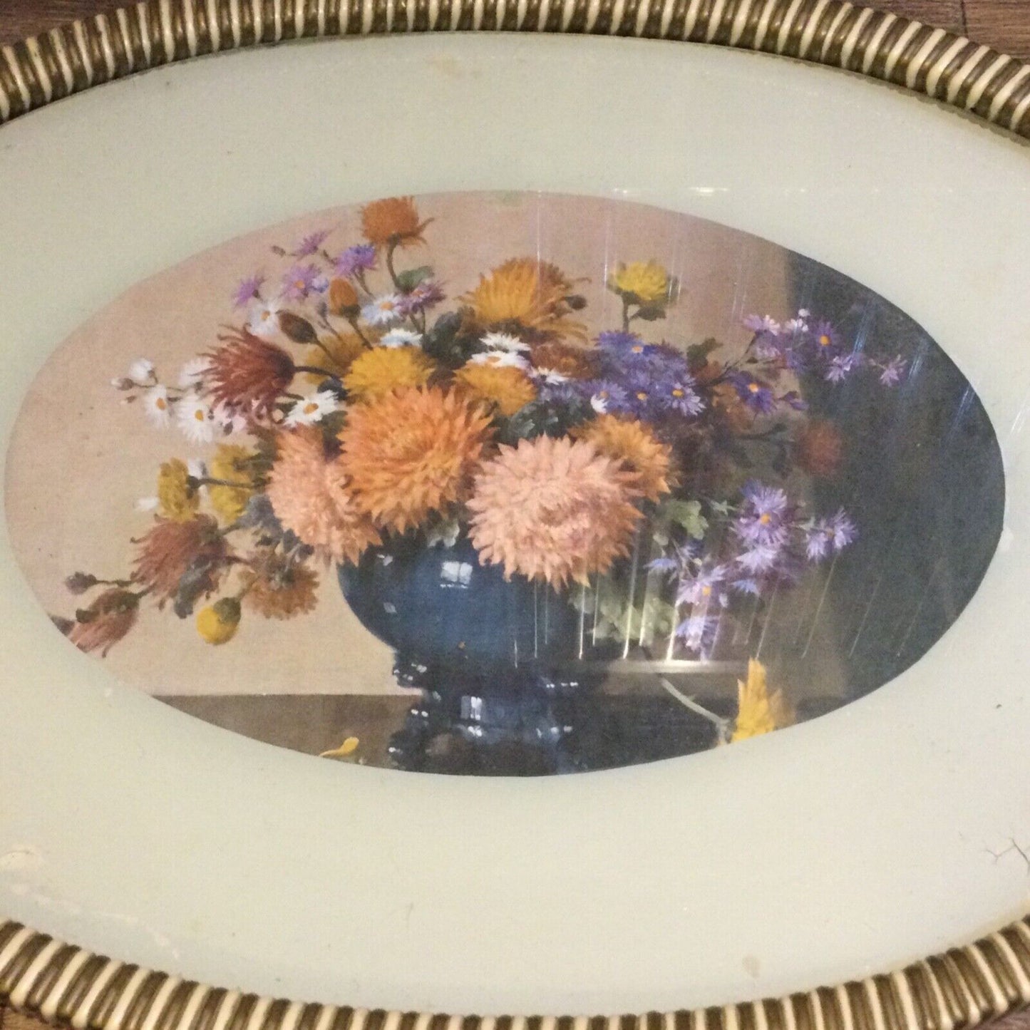 Vintage Retro c1960s Plastic Woven Tray Oval Floral Centre Kitsch Multicoloured.