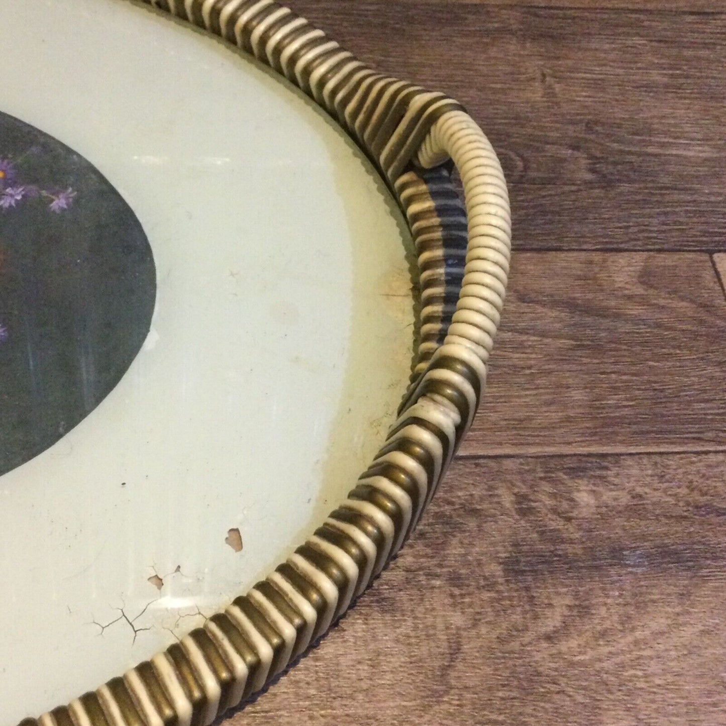 Vintage Retro c1960s Plastic Woven Tray Oval Floral Centre Kitsch Multicoloured.