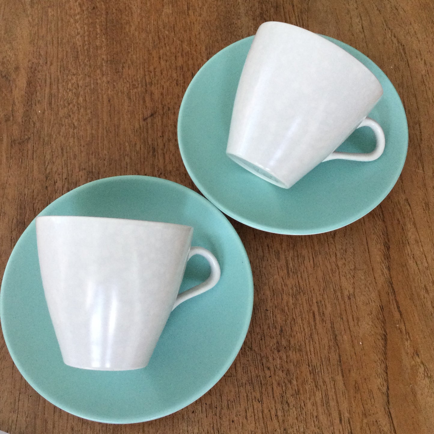 Set of 2 mid century retro cups and saucers. Ice green and seagull grey Poole Twintone.