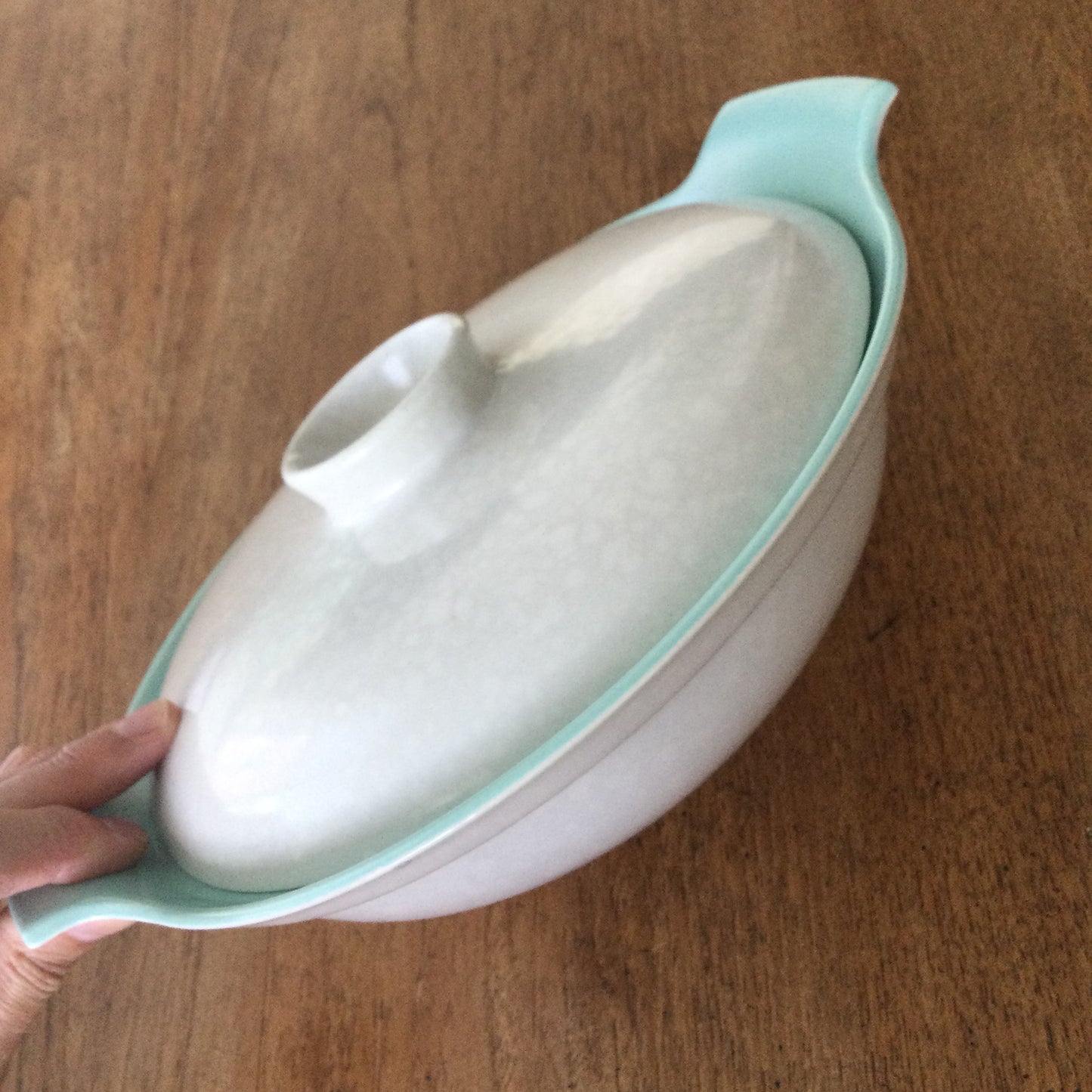 Mid Century retro vegetable serving dish tureen with lid. Ice green and seagull grey Poole Twintone.