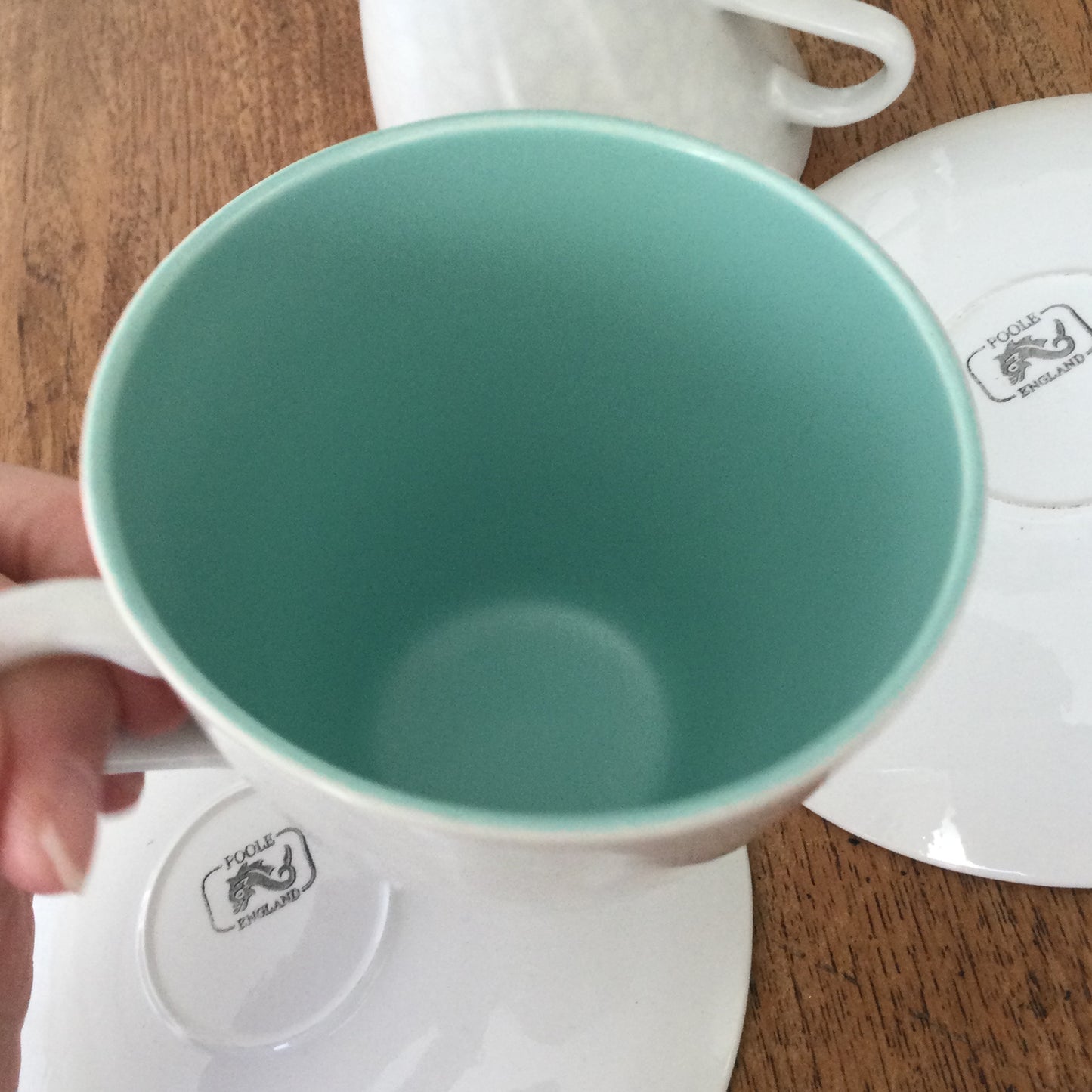 Set of 2 mid century retro cups and saucers. Ice green and seagull grey Poole Twintone.