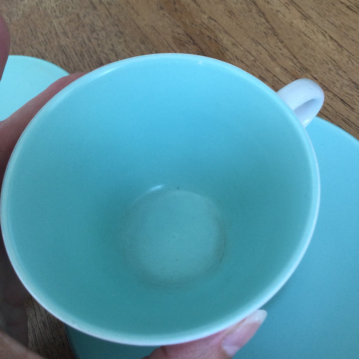 Set of 4 mid century retro cups and saucers. Ice green and seagull grey Poole Twintone.