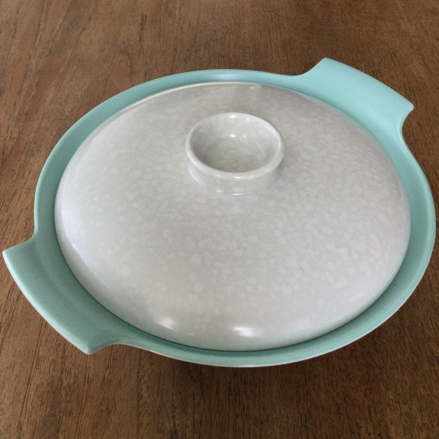 Mid Century retro vegetable serving dish tureen with lid. Ice green and seagull grey Poole Twintone.