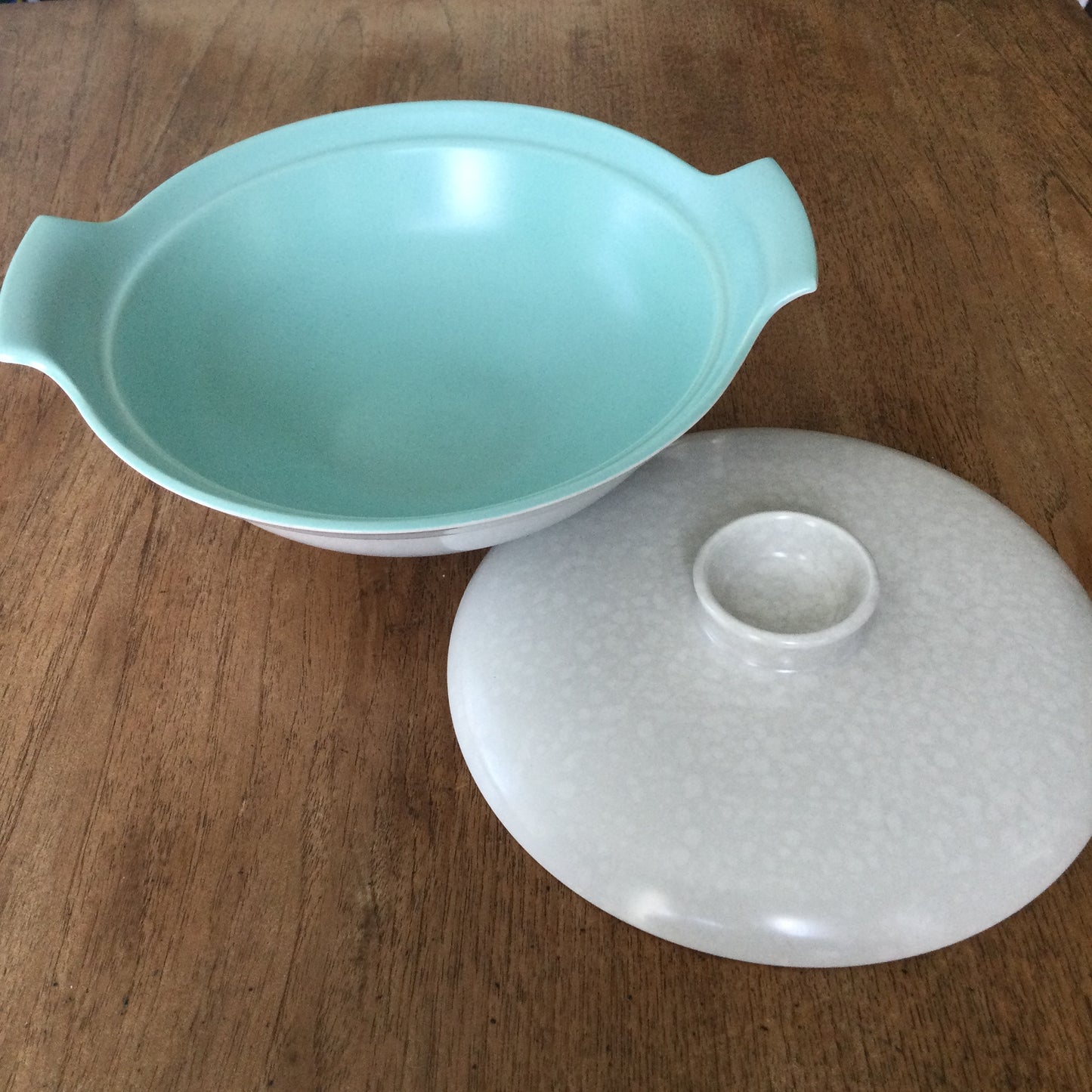 Mid Century retro vegetable serving dish tureen with lid. Ice green and seagull grey Poole Twintone.