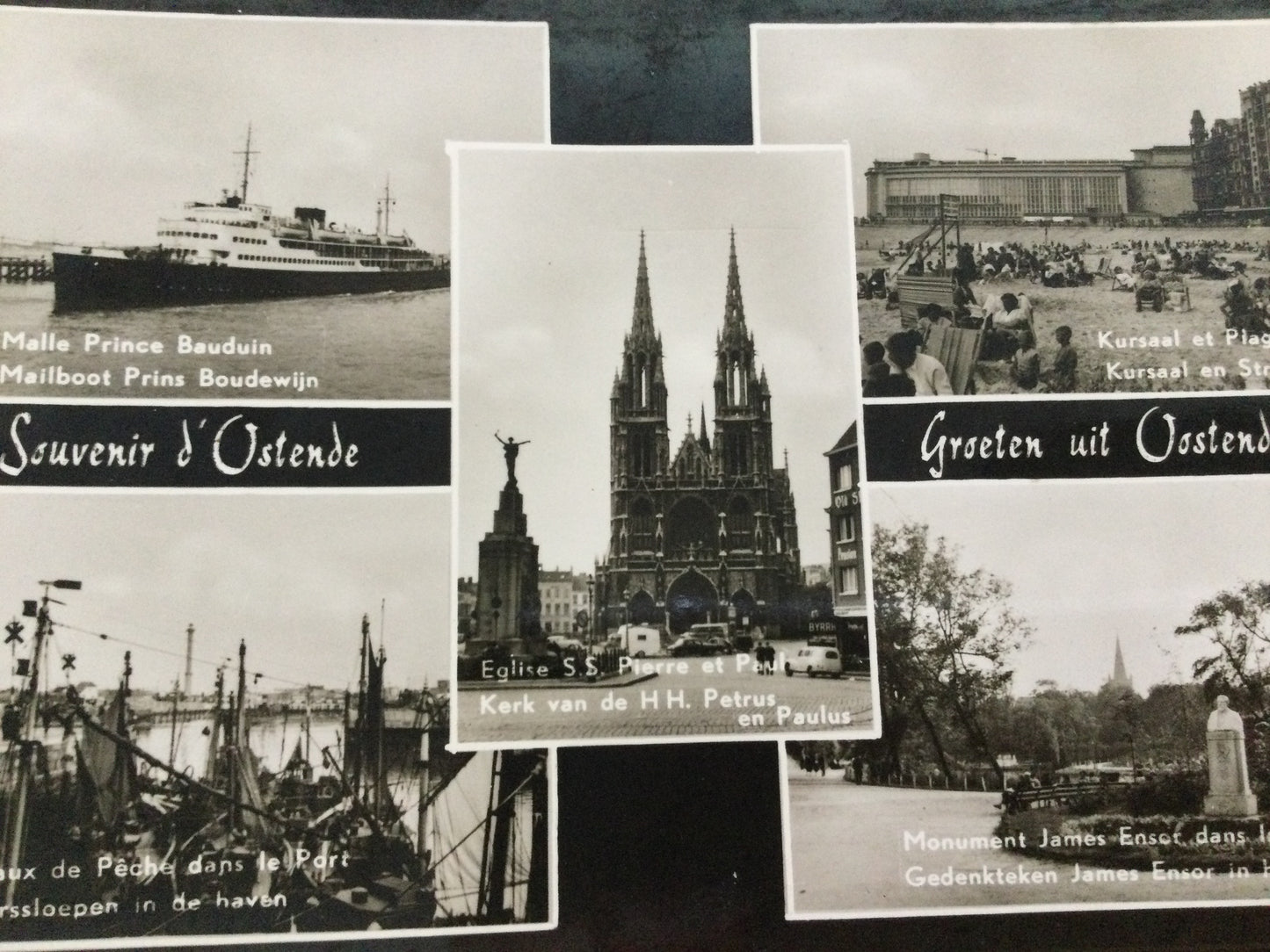 Vintage 1930s postcard Oostende BELGIUM b&w photo St Peter & Paul Church, Kursaal, La Malle Baudouin ship, fishing boats, James monument