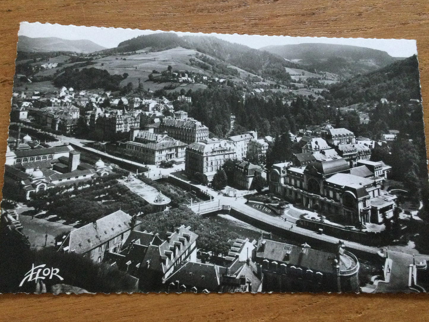 Vintage 1930s postcard b&w La Bourboule Rocher des Fees Fairy Rock Dordogne FRANCE town view