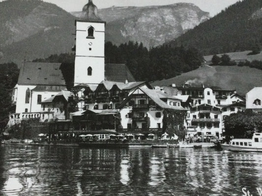 Vintage 1930s postcard b&w St Wolfgang Schafberg AUSTRIA lake view with swans