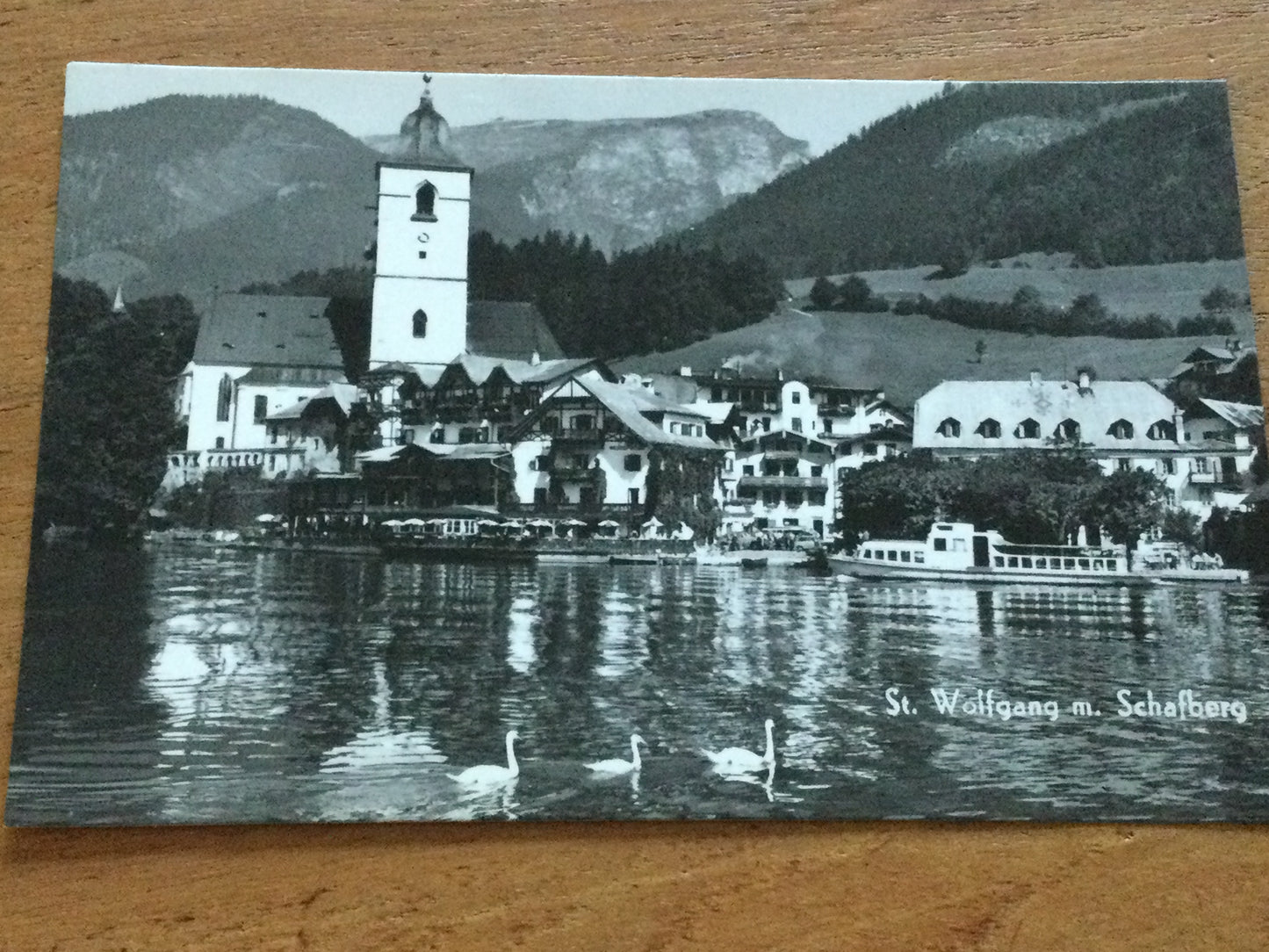 Vintage 1930s postcard b&w St Wolfgang Schafberg AUSTRIA lake view with swans