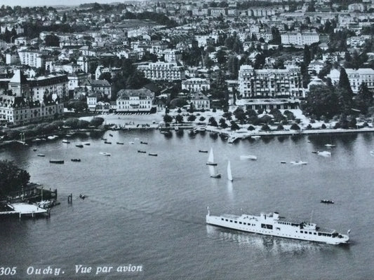 Vintage 1930s postcard b&w Ouchy SWITZERLAND view from plane.