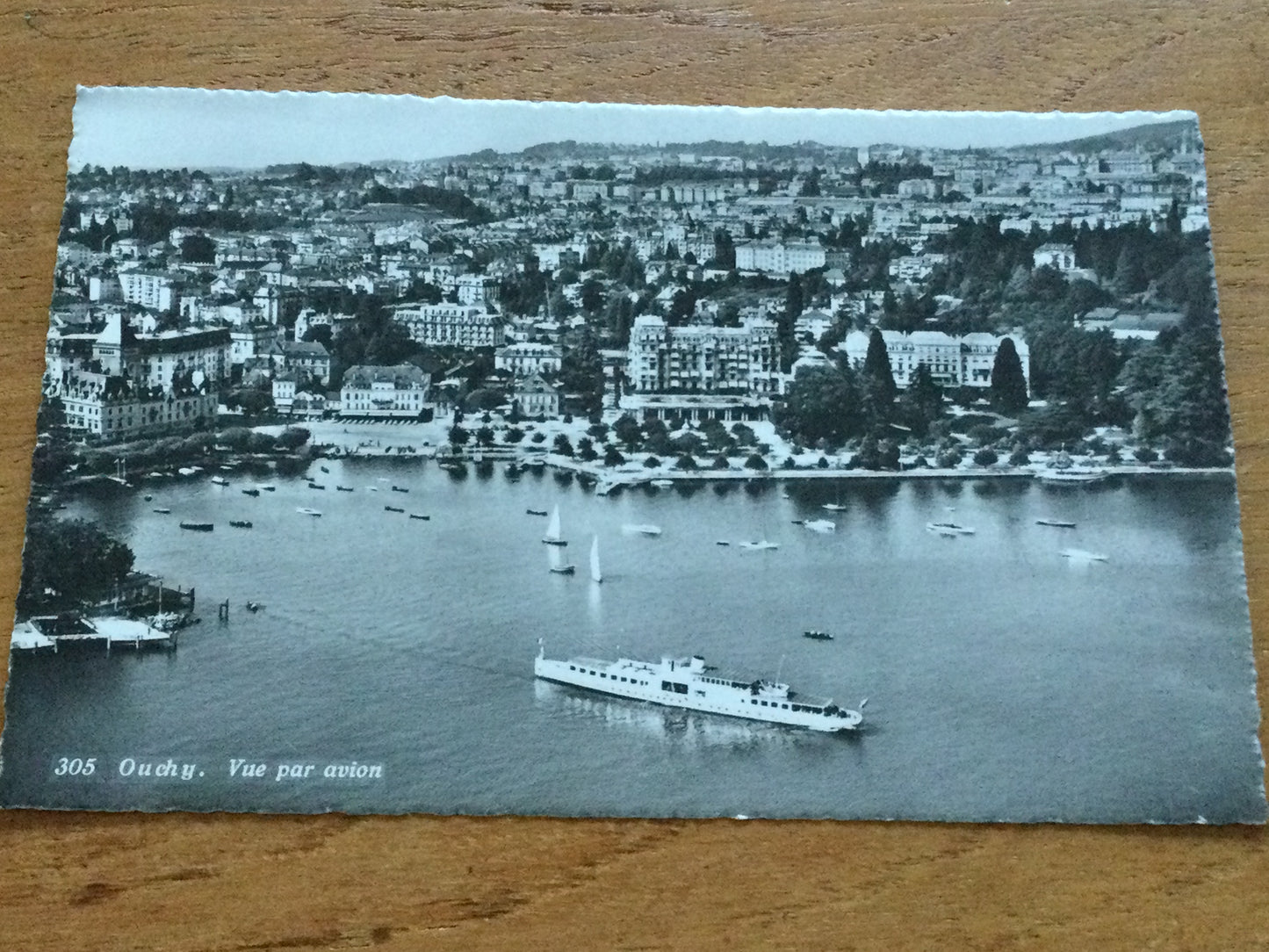 Vintage 1930s postcard b&w Ouchy SWITZERLAND view from plane.