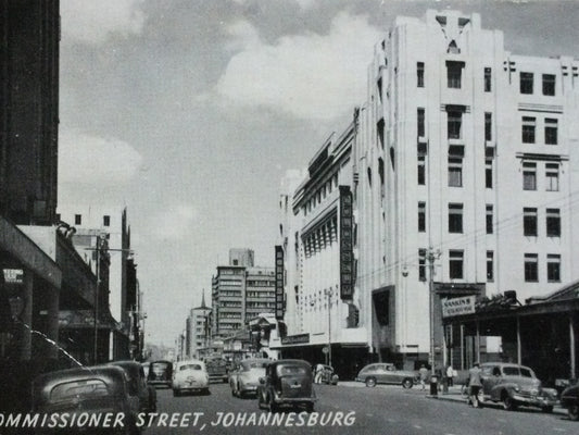 Vintage 1930s postcard b&w Commissioner Street Johannesburg SOUTH AFRICA Art  Deco buildings