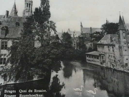 Vintage 1930s postcard Bruges BELGIUM b&w photo Quai de Rosaire Rozenhoedkaai