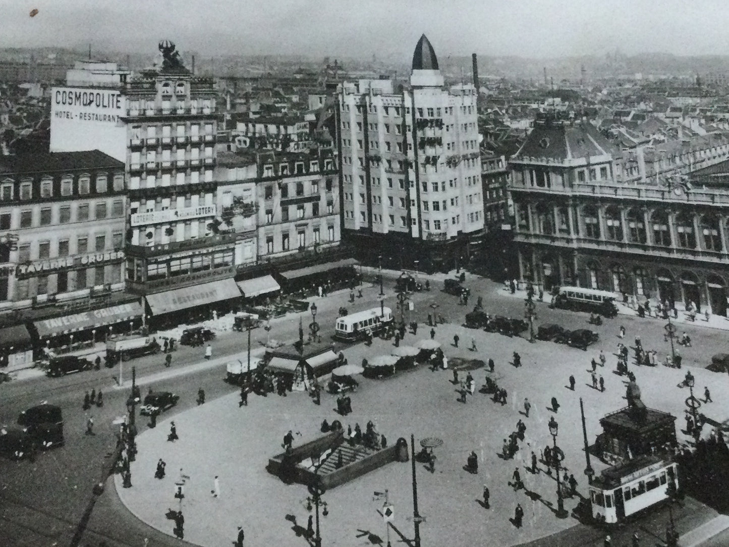 Vintage 1930s postcard Brussels BELGIUM b&w photo Place Rogier and Gare du Nord birds eye view