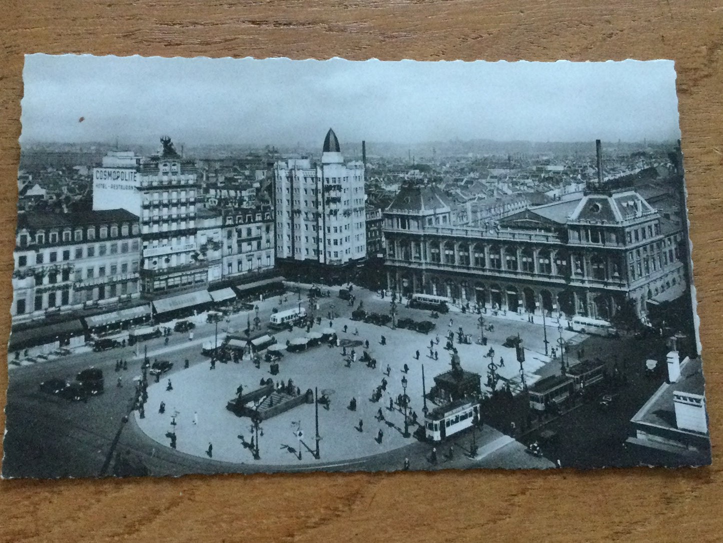 Vintage 1930s postcard Brussels BELGIUM b&w photo Place Rogier and Gare du Nord birds eye view