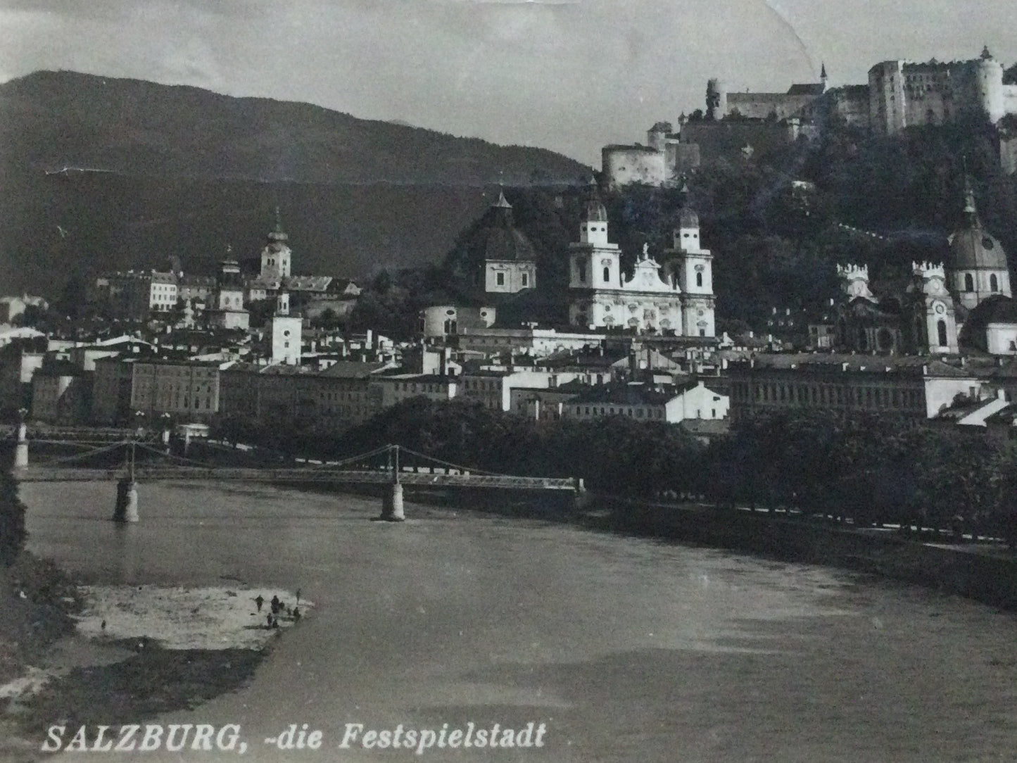 Vintage 1930s postcard b&w RP Salzburg AUSTRIA the festival town die Festspielstadt suspension bridge and view of hill