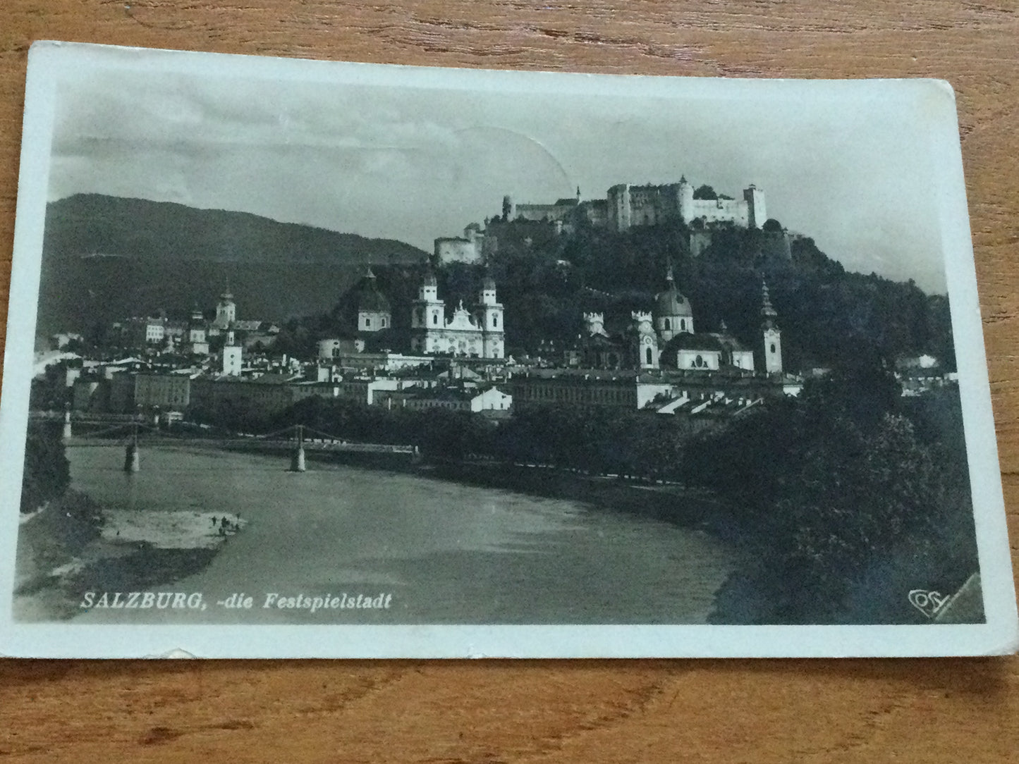 Vintage 1930s postcard b&w RP Salzburg AUSTRIA the festival town die Festspielstadt suspension bridge and view of hill