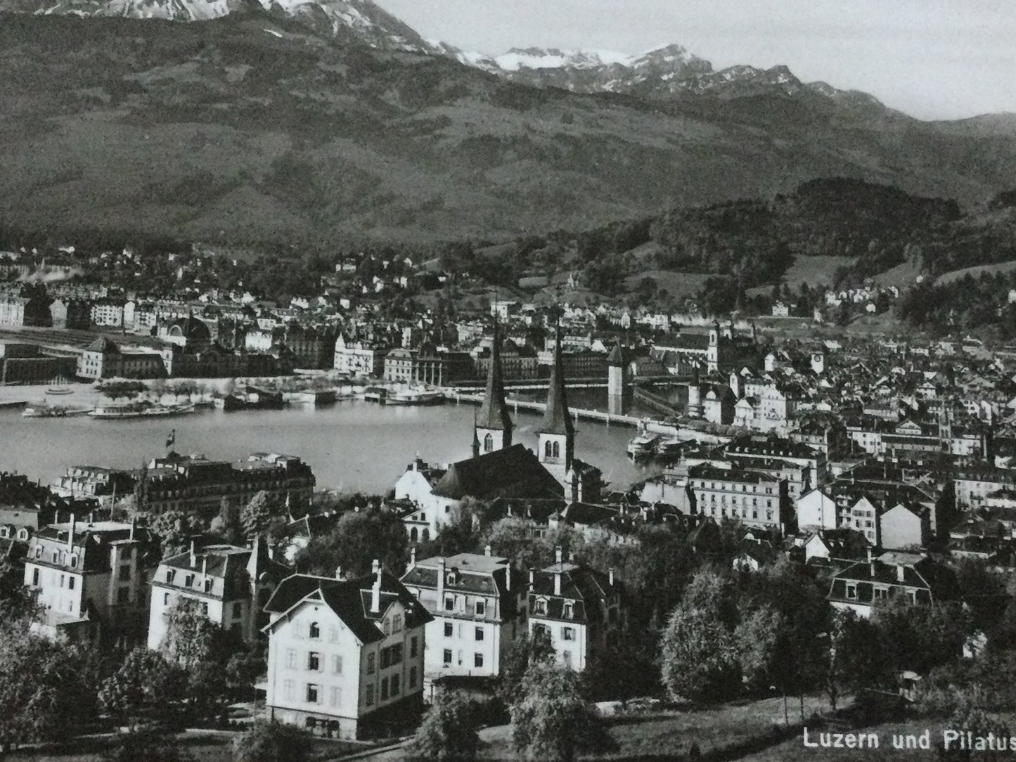 Vintage 1930s postcard b&w Lucerne Luzern and Mount Pilatus SWITZERLAND Lake Lucerne