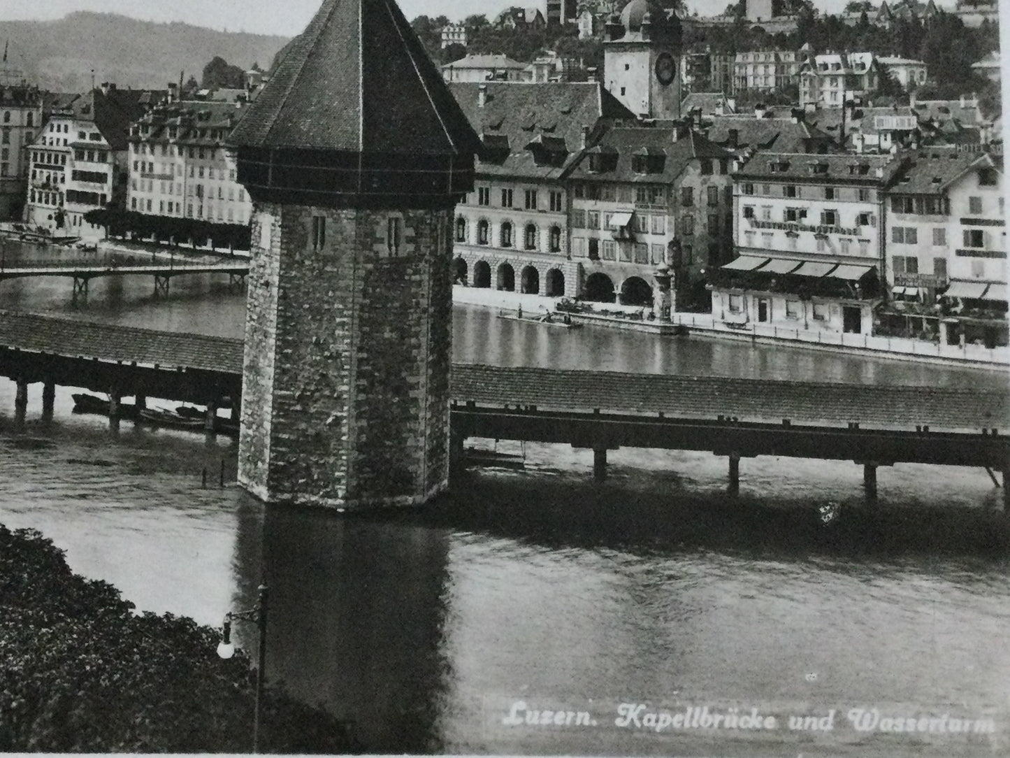 Vintage 1930s postcard b&w Lucerne Luzern Chapel Bridge and Water Tower SWITZERLAND Lake Lucerne