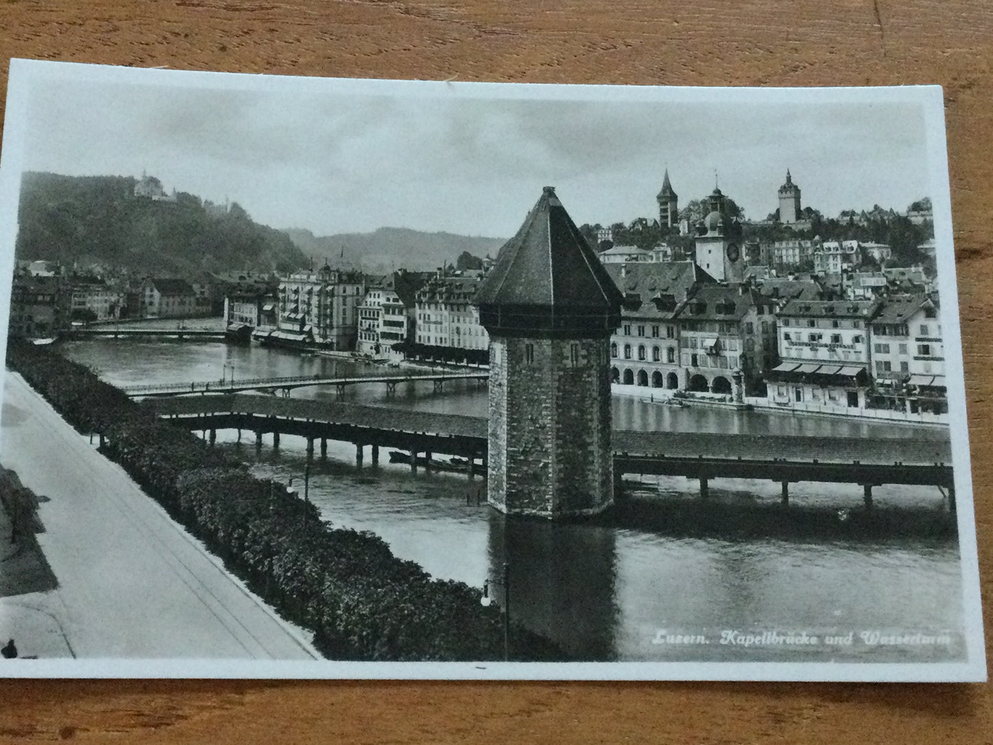 Vintage 1930s postcard b&w Lucerne Luzern Chapel Bridge and Water Tower SWITZERLAND Lake Lucerne