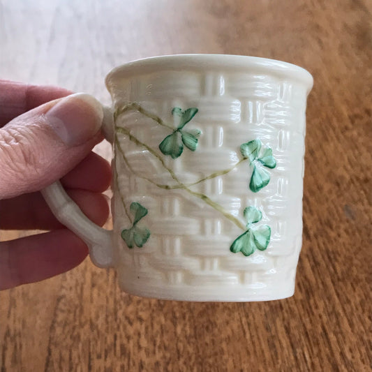 Belleek Shamrock Basket Weave Pattern Coffee Can Small Mug 8th Mark 1993-7. Perfect condition.