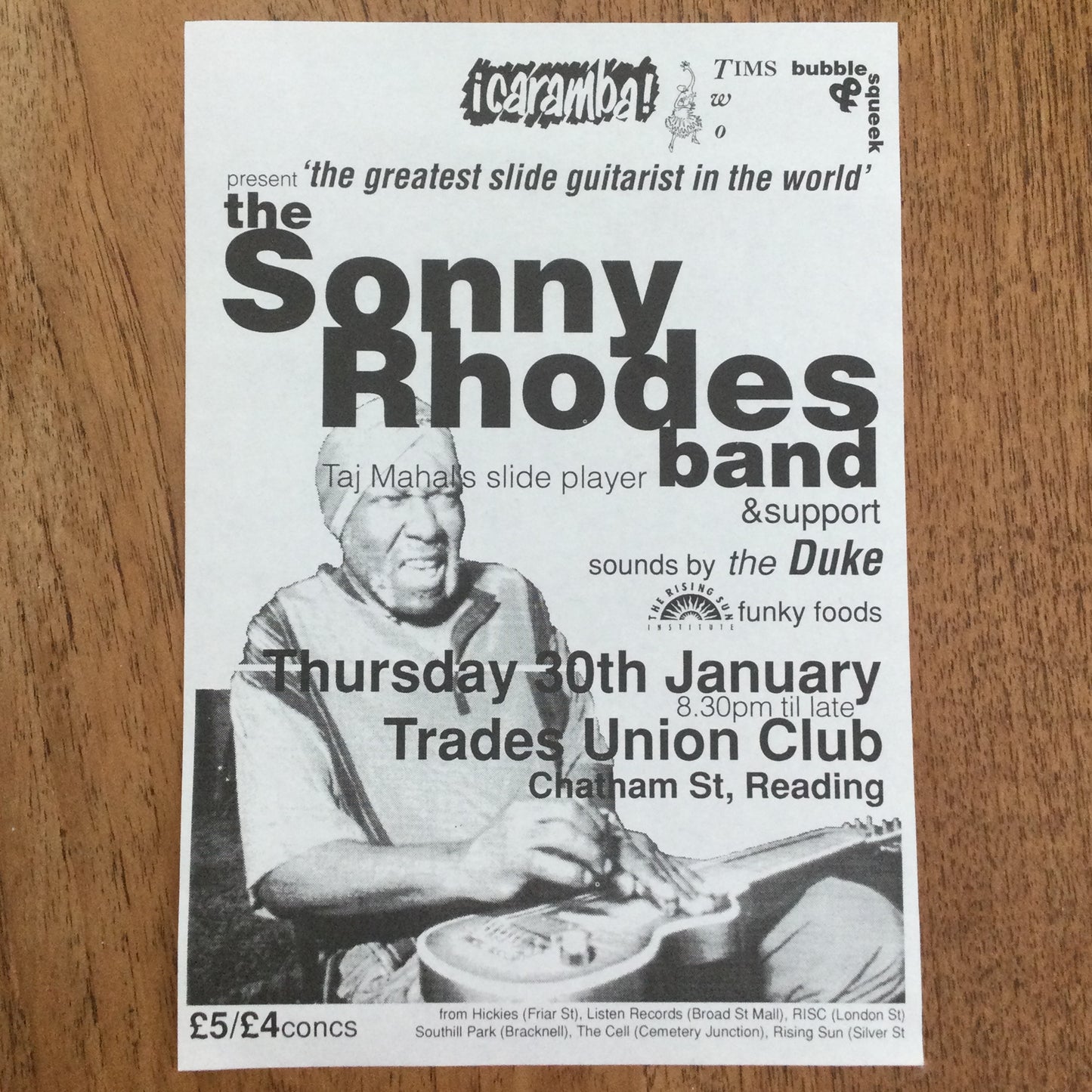 Caramba! Reading World Music Scene Memorabilia. 1990s 90s A5 Flyer. Sonny Rhodes Band Taj Mahal's Slide Player