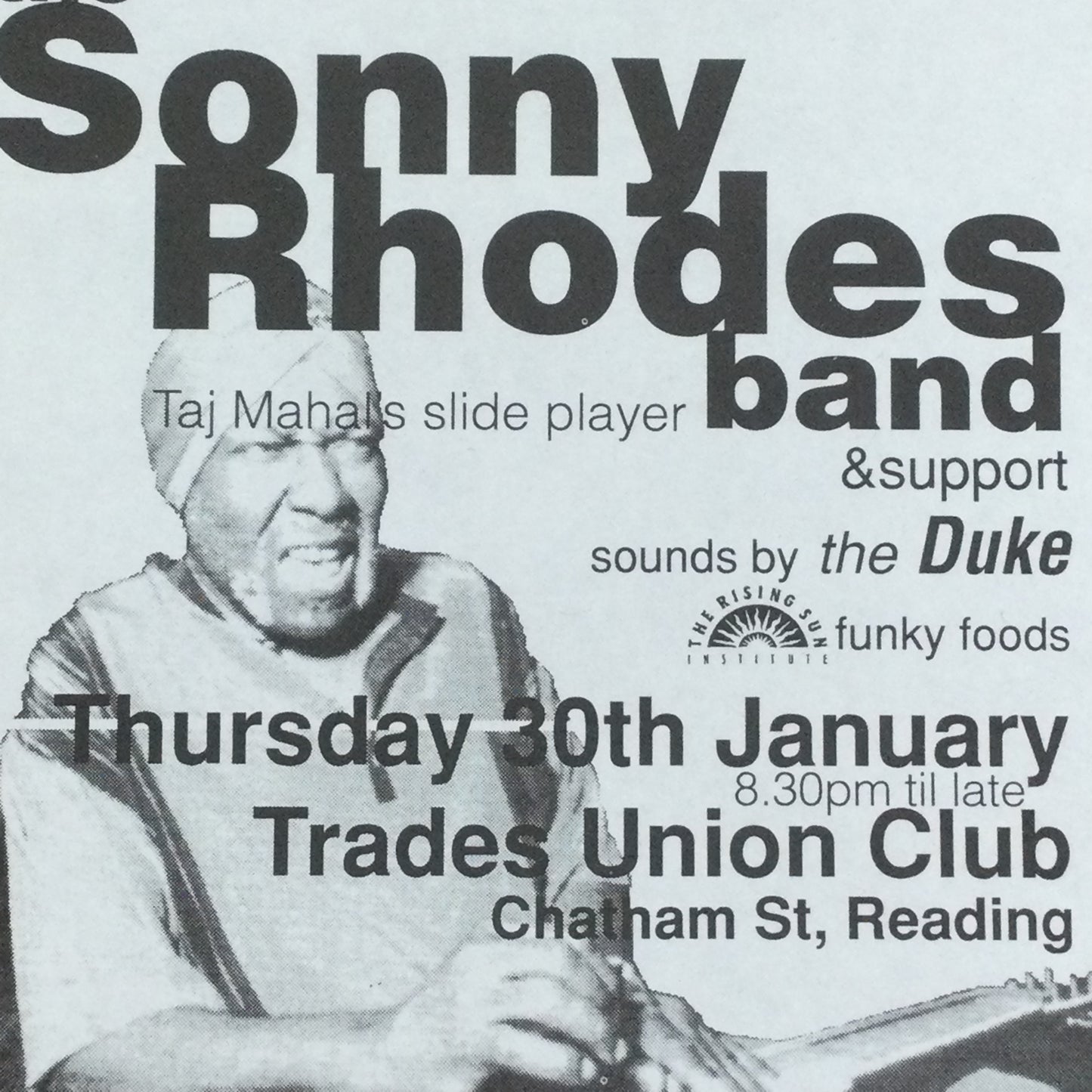 Caramba! Reading World Music Scene Memorabilia. 1990s 90s A5 Flyer. Sonny Rhodes Band Taj Mahal's Slide Player