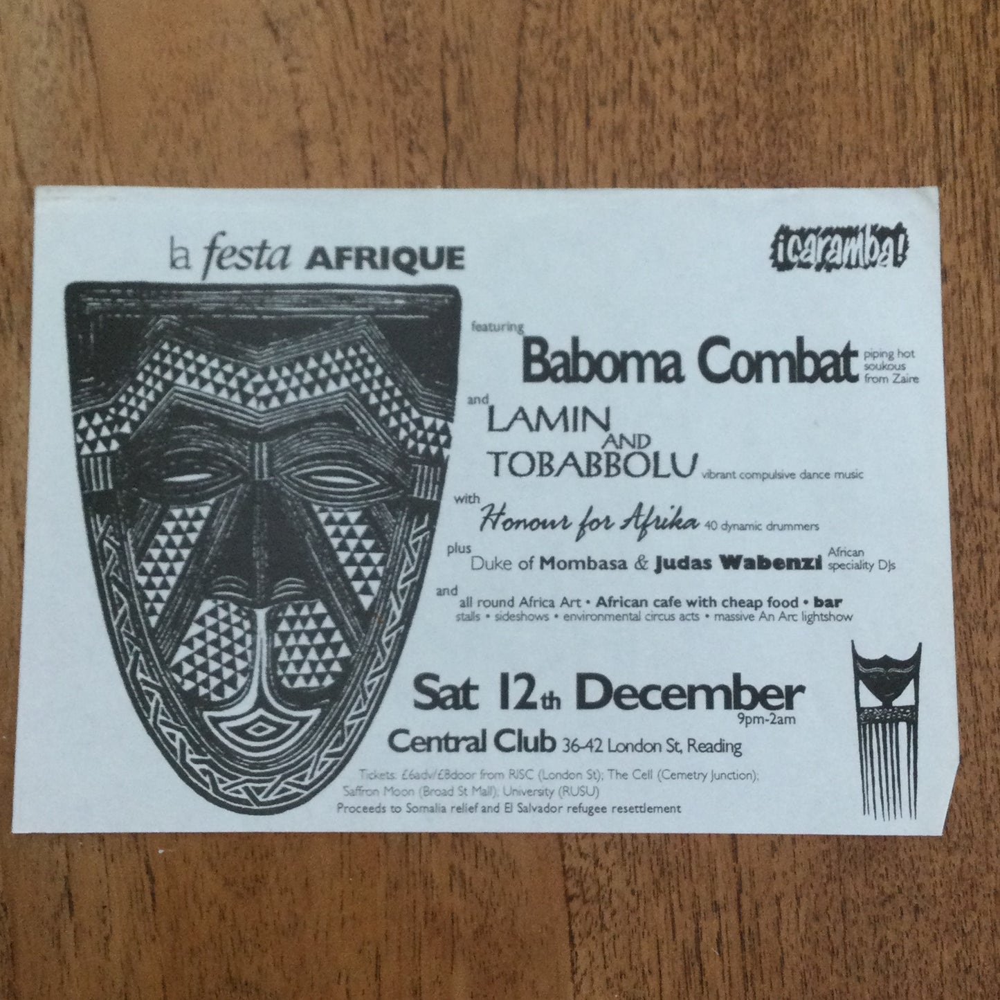 Caramba! Reading World Music Scene Memorabilia. 1990s 90s A5 Flyer La Festa Afrique Baboma Combat