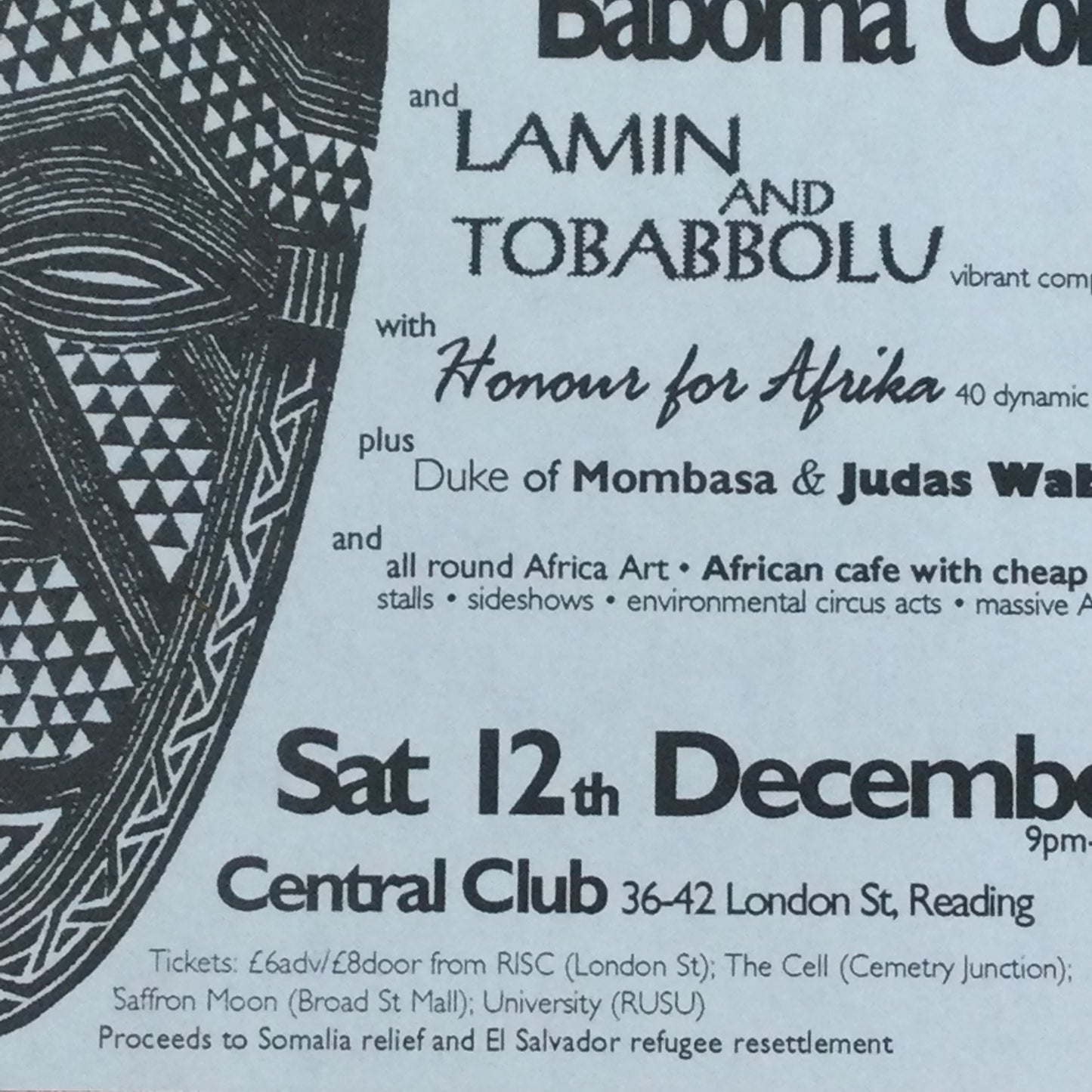 Caramba! Reading World Music Scene Memorabilia. 1990s 90s A5 Flyer La Festa Afrique Baboma Combat