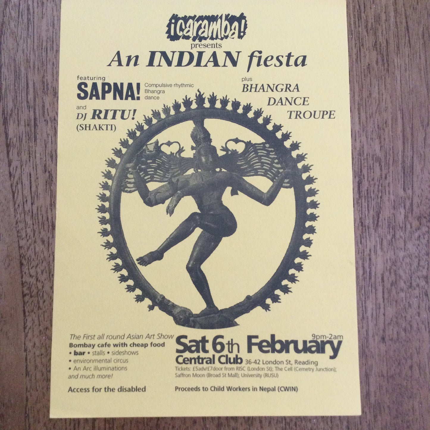 Caramba! Reading World Music Scene Memorabilia. 1990s 90s A5 Flyer Indian Fiesta Sapna! Bhangra