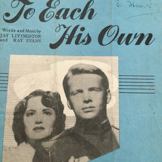 Vintage Sheet Music 'To Each His Own' Olivia DeHavilland movie memorabilia Jay Livingston Ray Evans