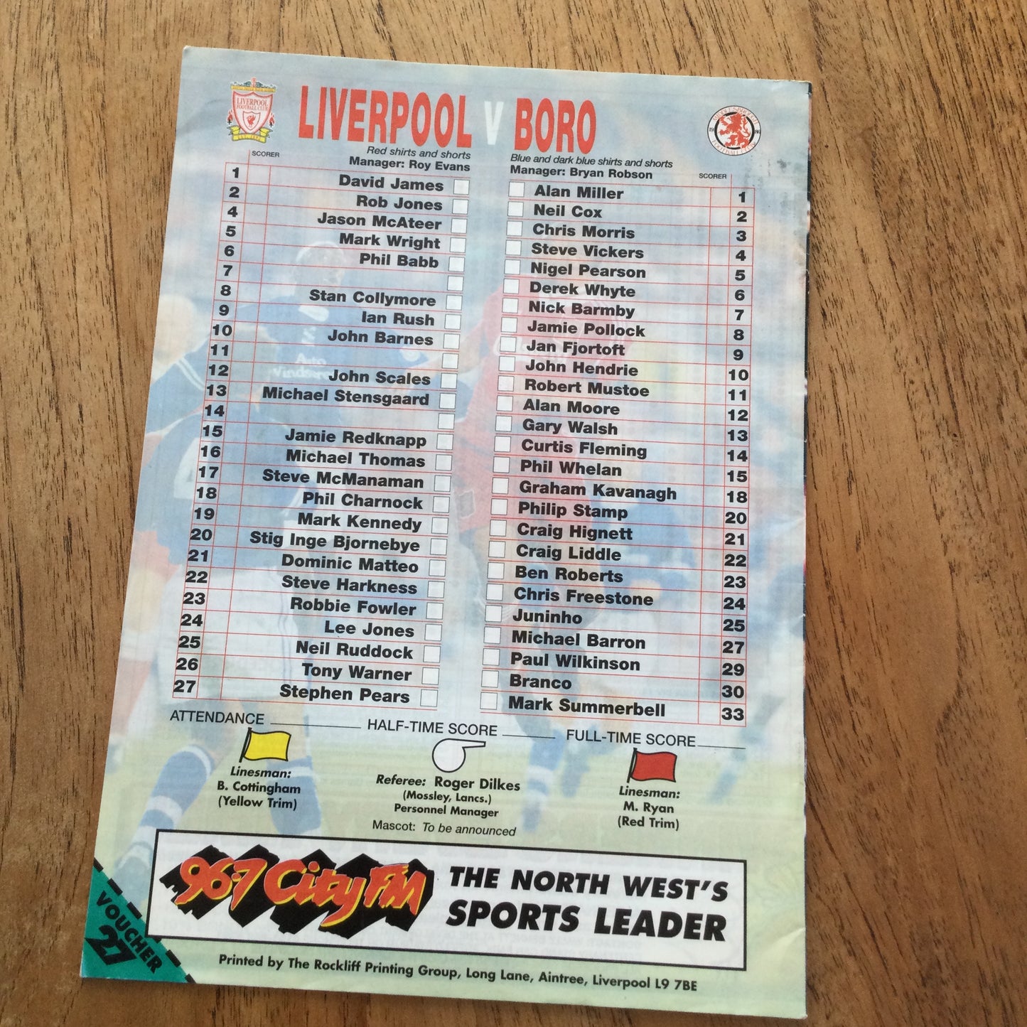 Liverpool FC V Middlesborough Premier League 27/04/96 1995-96 Programme. David James