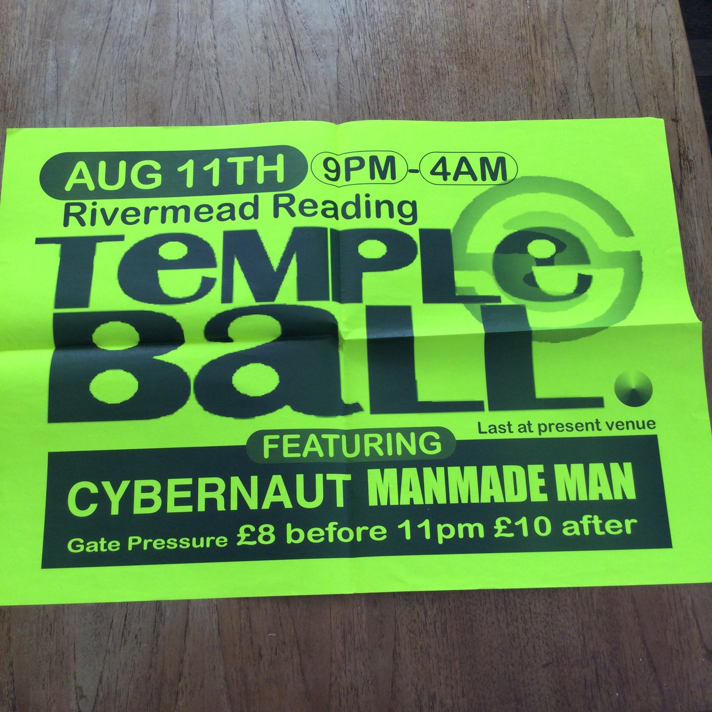 A2 Large Poster. Temple Ball Rivermead Reading. Cybernaut, Manmade Man. 90s Music scene Reading town.