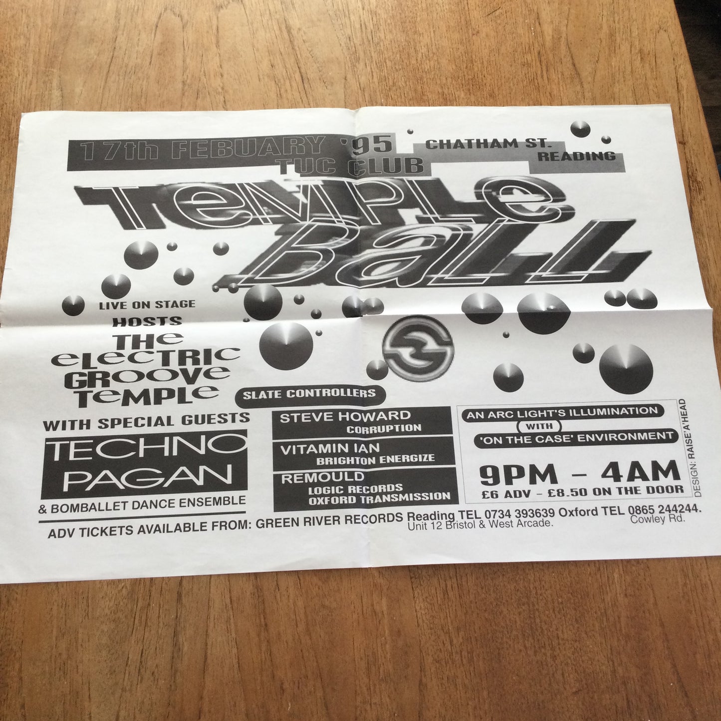 A2 Large Poster. Temple Ball TUC Club Reading. 90s Music scene Reading town. 1995. Electric Groove Temple.