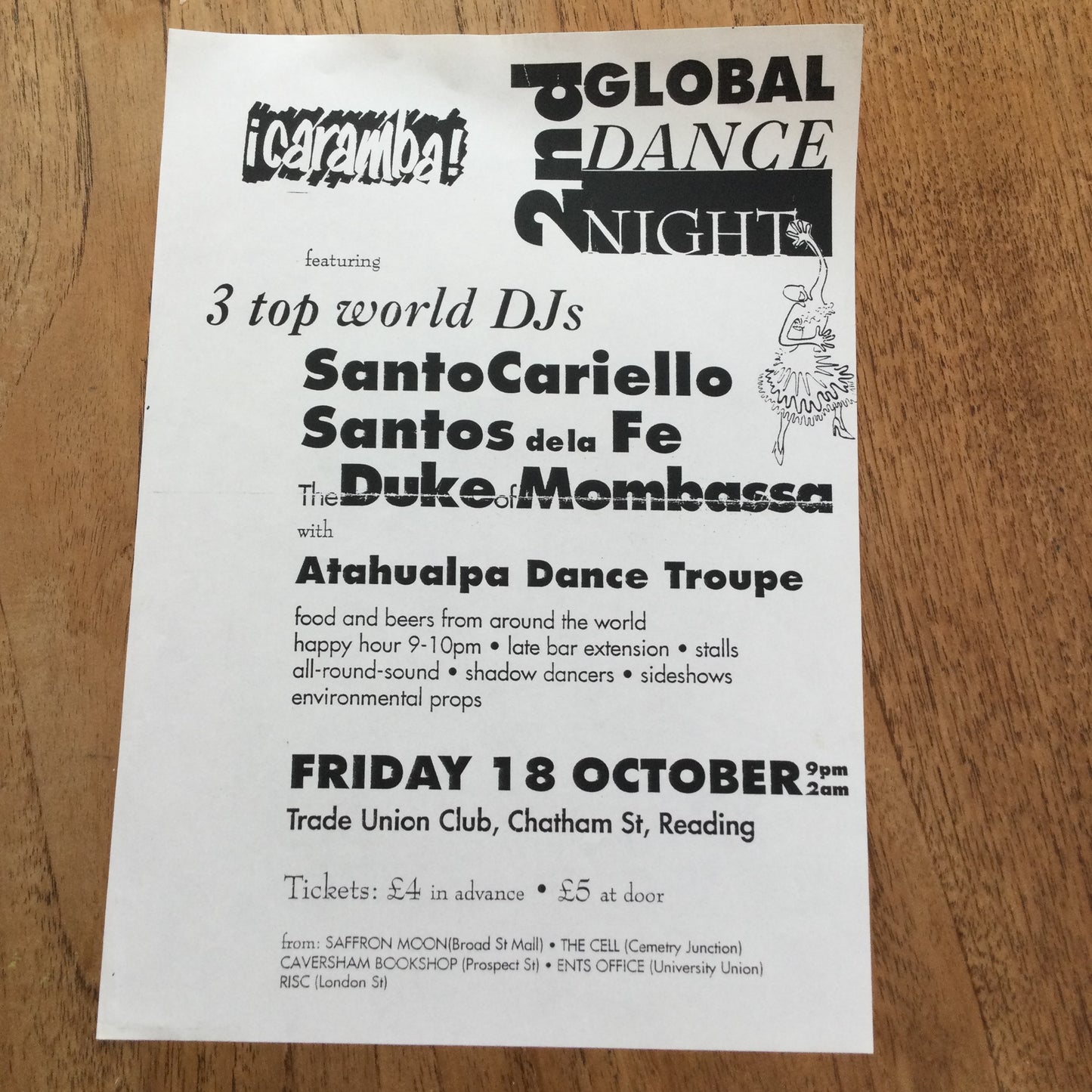 Caramba! Reading World Music Scene Memorabilia. 1990s 90s Flyer 2nd Global Dance Night.