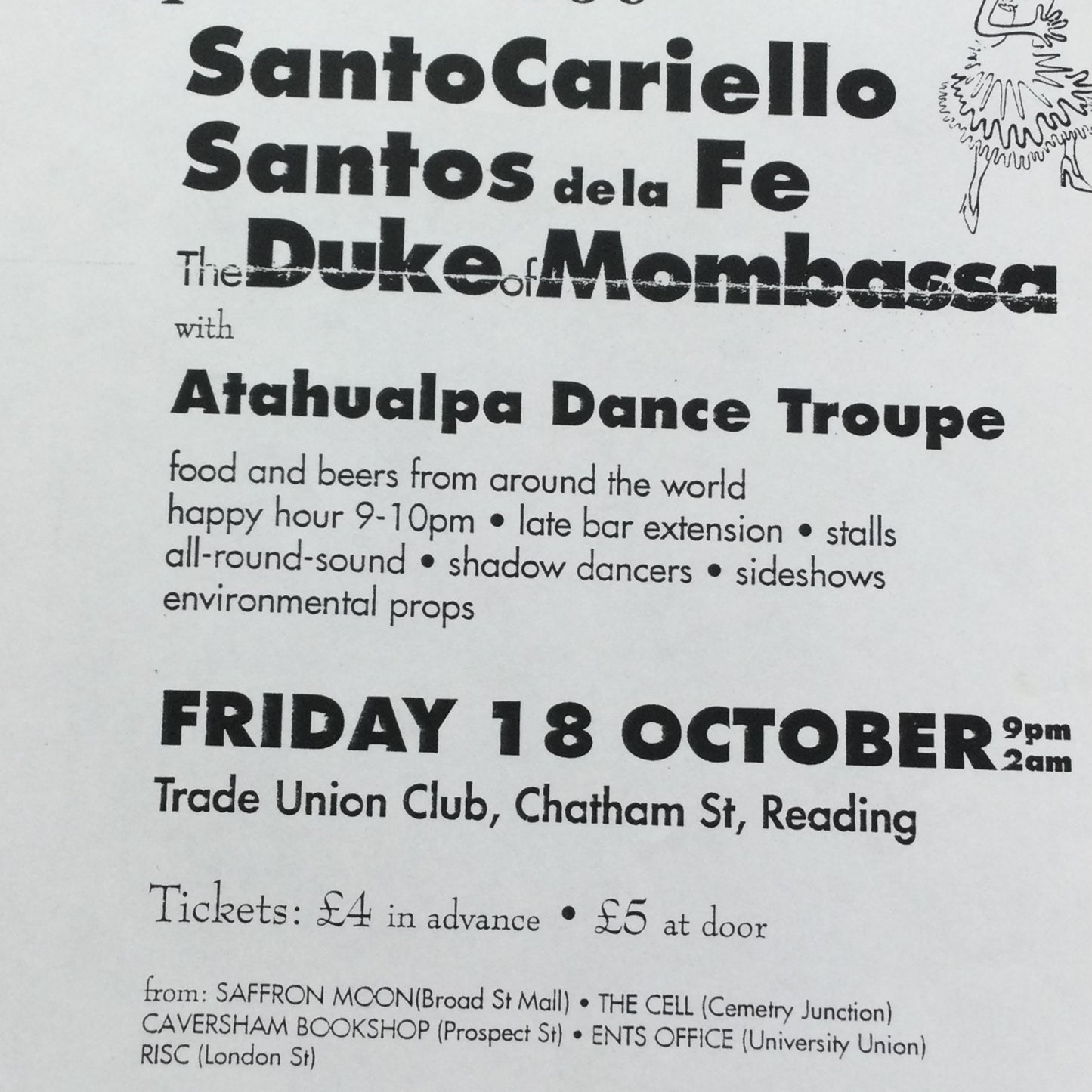 Caramba! Reading World Music Scene Memorabilia. 1990s 90s Flyer 2nd Global Dance Night.