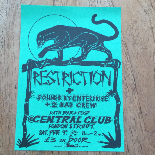 Reading Music Scene Memorabilia. Central Club. 1990s 90s Flyer. 1991 Restriction, Enterprise