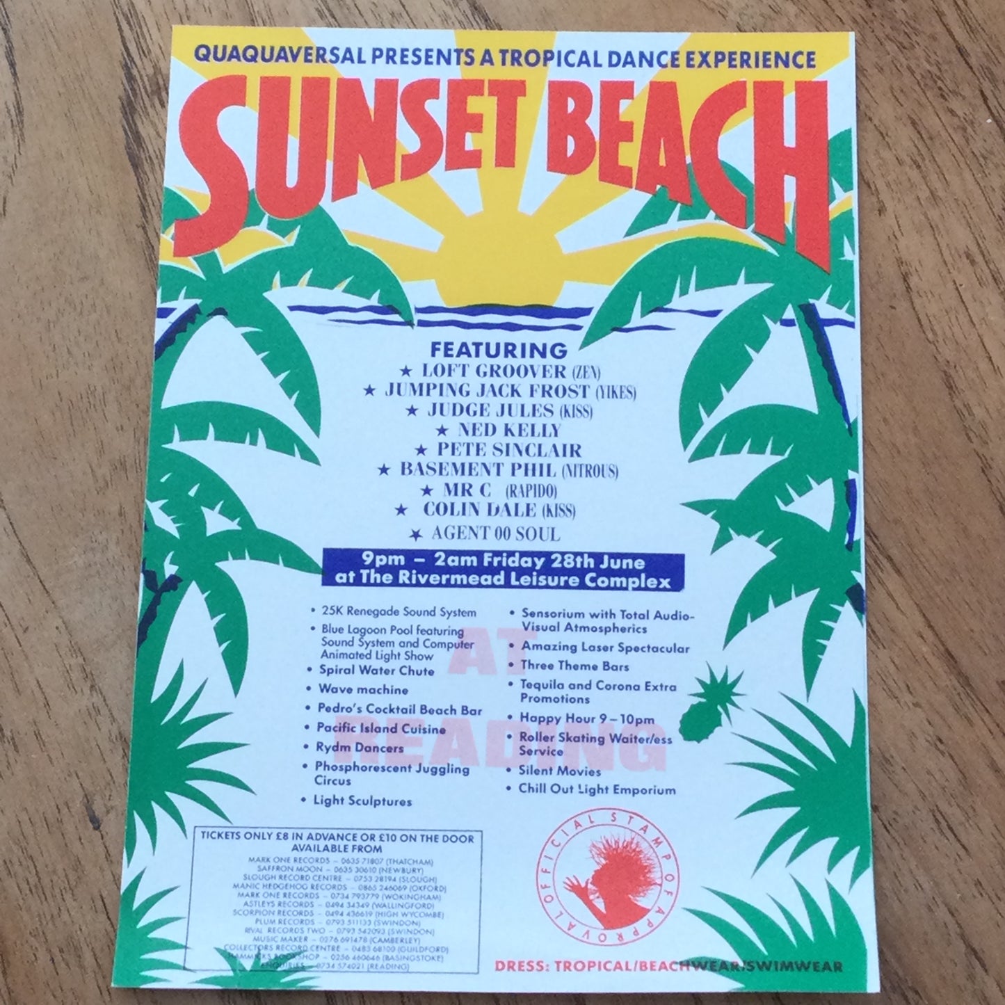 Sunset Beach Club Night Reading flyer. 90s clubbing memorabilia. Colin Dale, Judge Jules, Loft Groover