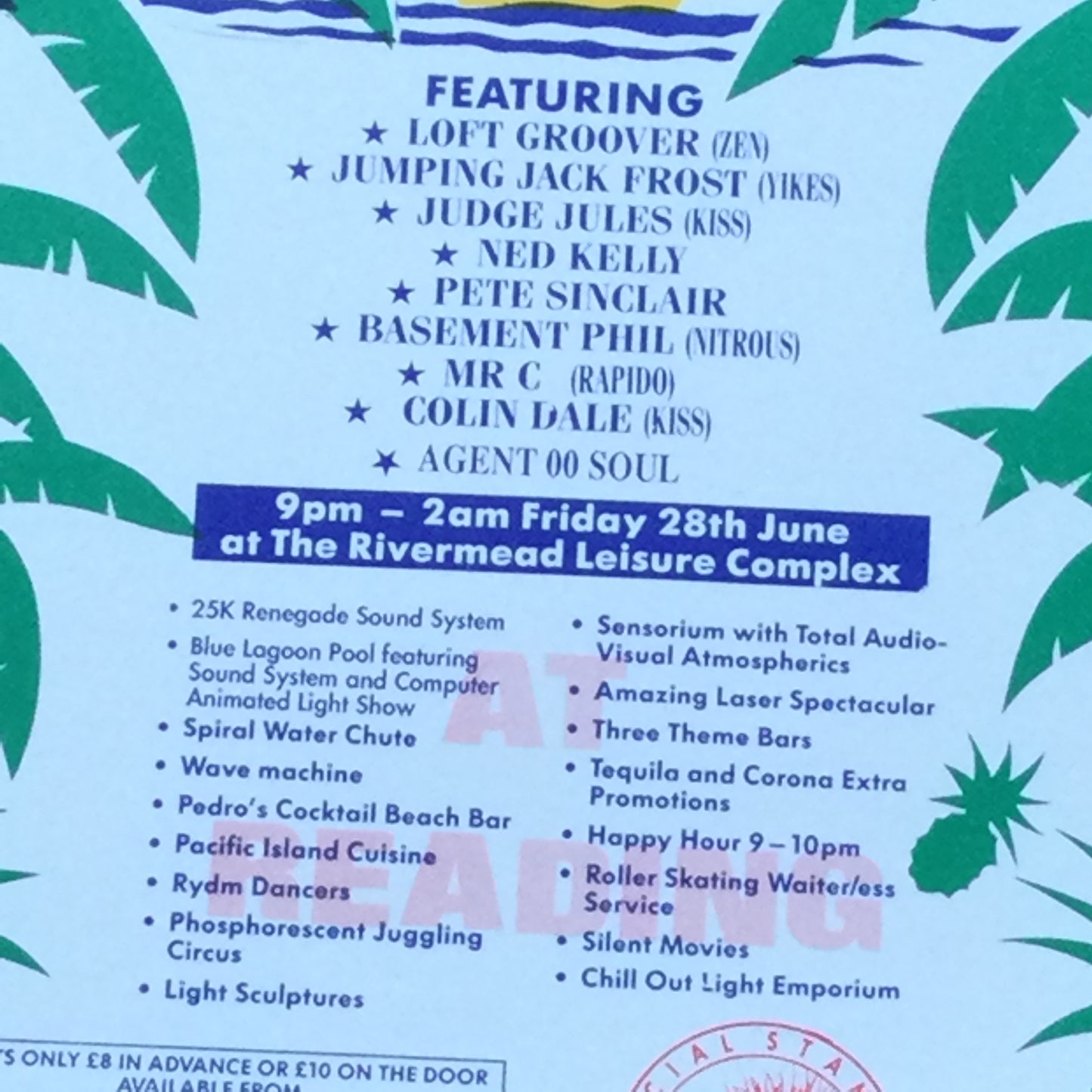 Sunset Beach Club Night Reading flyer. 90s clubbing memorabilia. Colin Dale, Judge Jules, Loft Groover