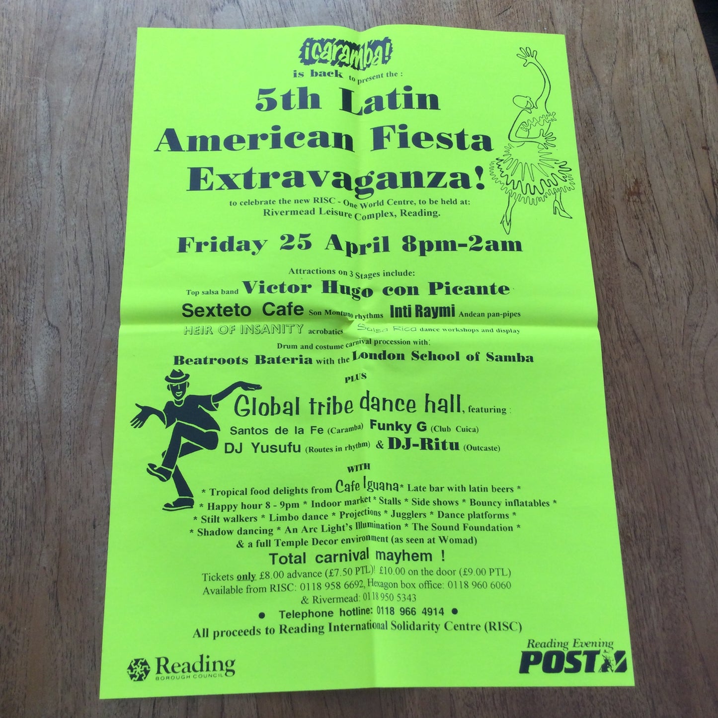 Large Poster Caramba 5th Latin American Fiesta. 1990s Reading World Music Scene. Victor Hugo con Picante