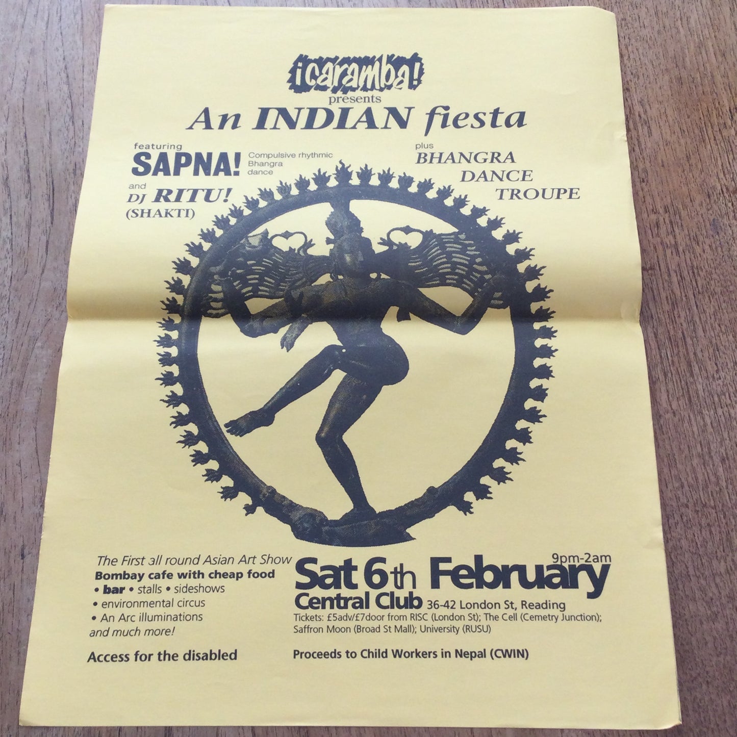 Caramba! Reading World Music Scene Memorabilia. 1990s 90s Poster Indian Fiesta Sapna! Bhangra