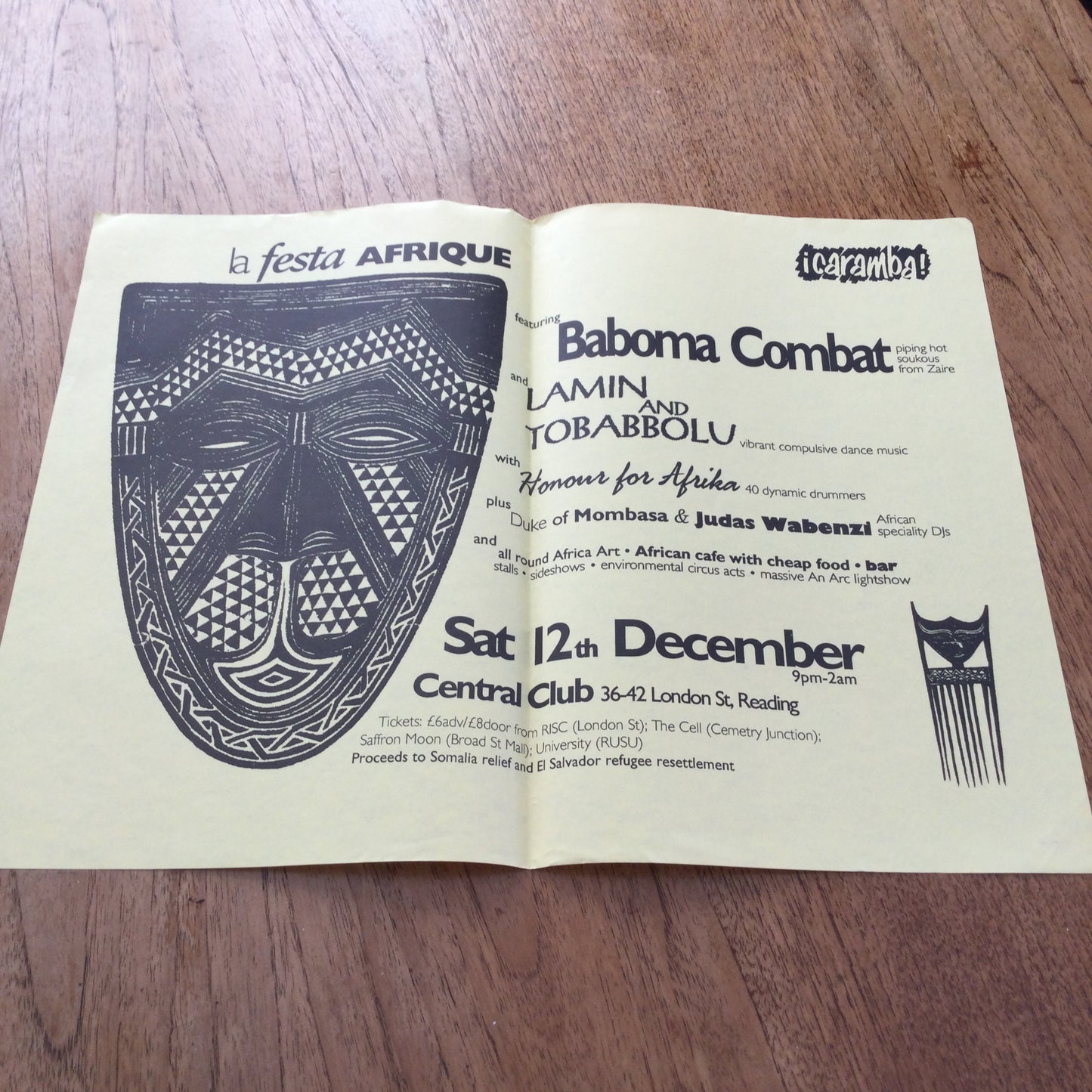 Caramba! Reading World Music Scene Memorabilia. 1990s 90s Flyer La Festa Afrique Baboma Combat