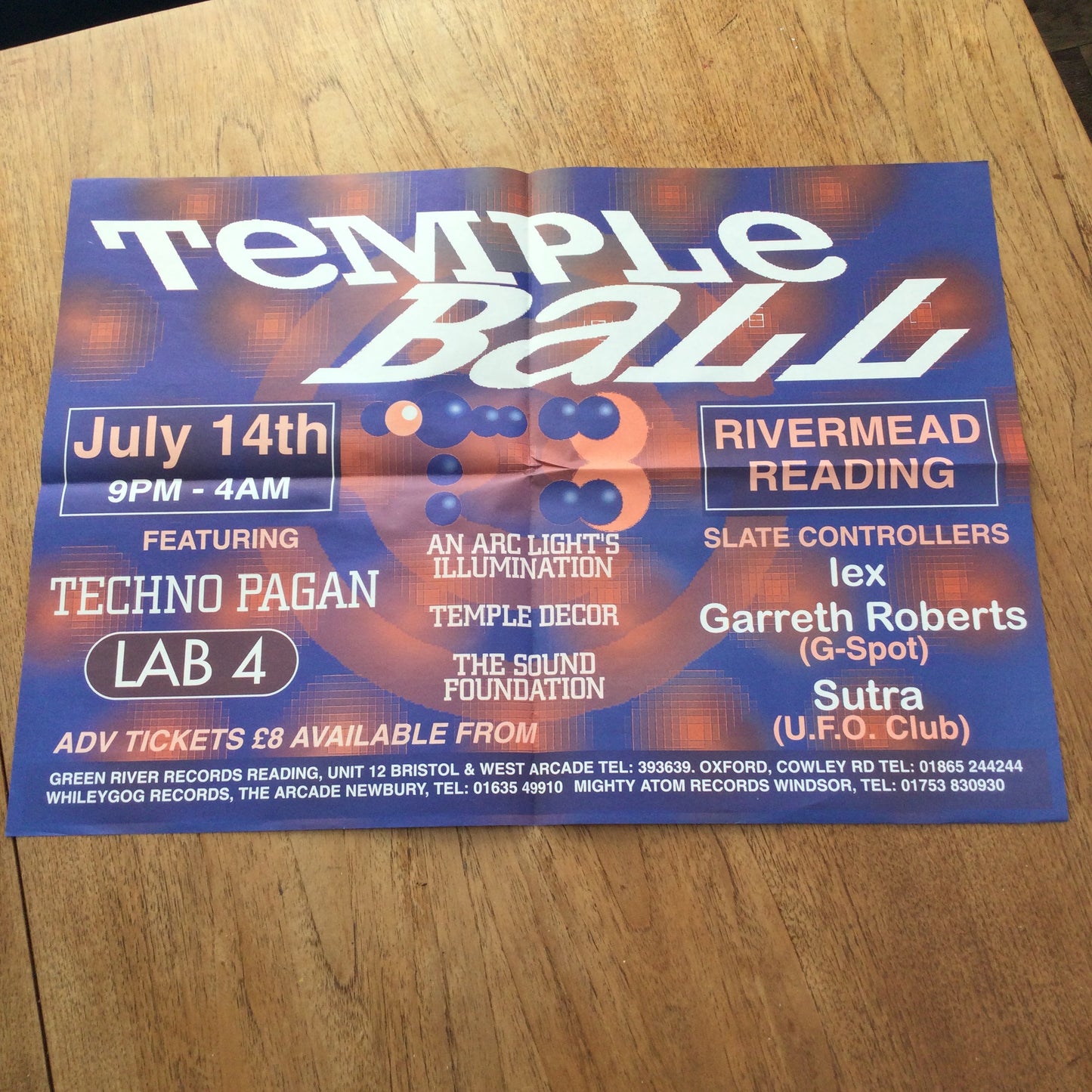 A2 Large Poster. Temple Ball Rivermead Reading. 90s Music scene Reading town. Techno Pagan