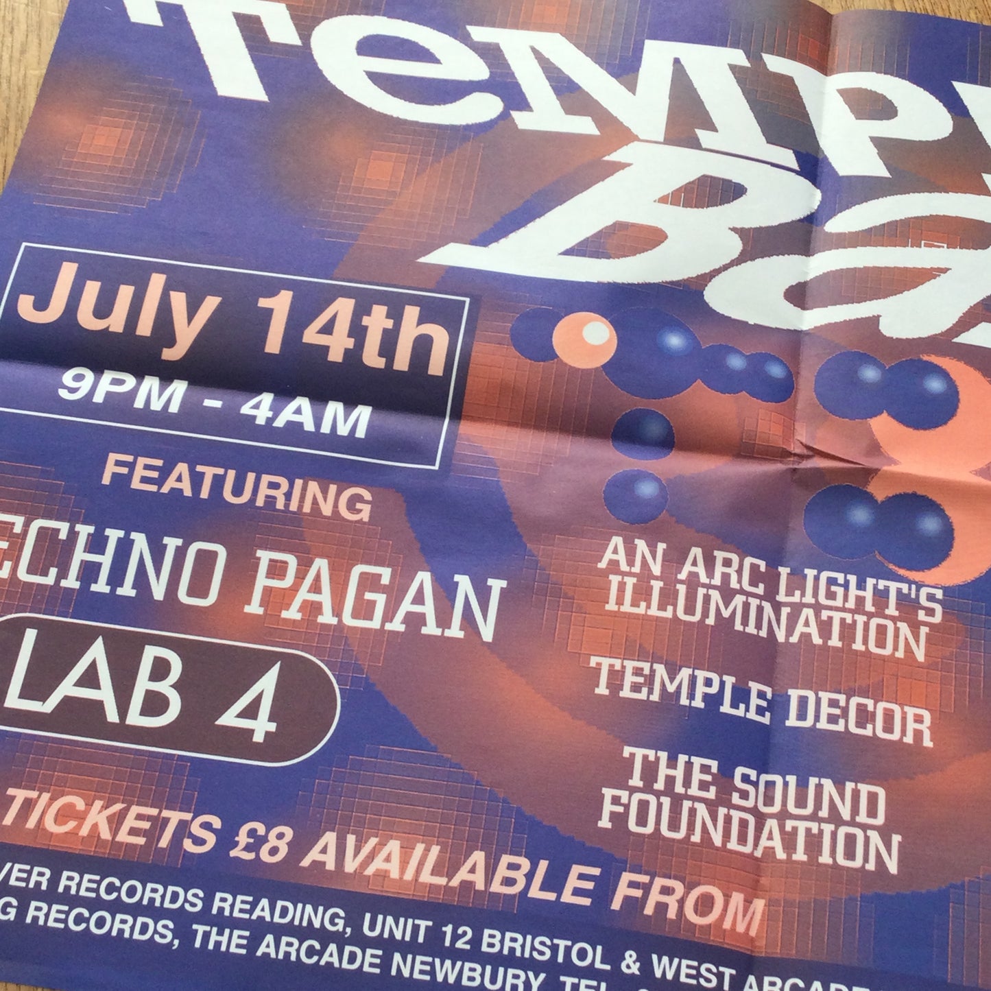 A2 Large Poster. Temple Ball Rivermead Reading. 90s Music scene Reading town. Techno Pagan