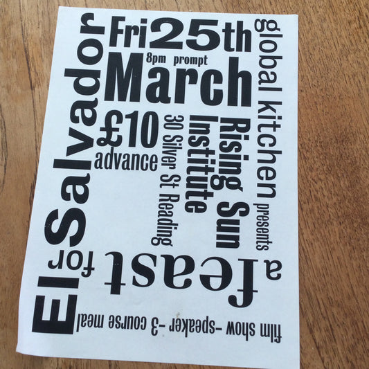 1980s A4 flyer A Feast For El Salvador. Rising Sun Institute, Reading. Organised by Global Kitchen