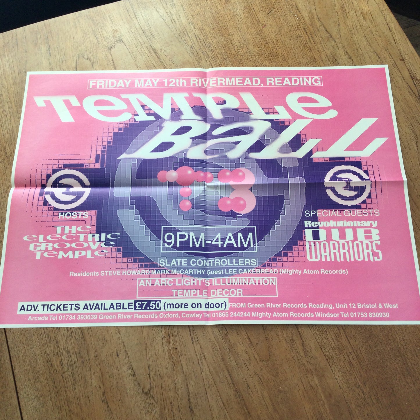 A2 Large Pink Poster. Temple Ball Rivermead Reading. 90s Music scene Reading town. Electric Groove Temple.