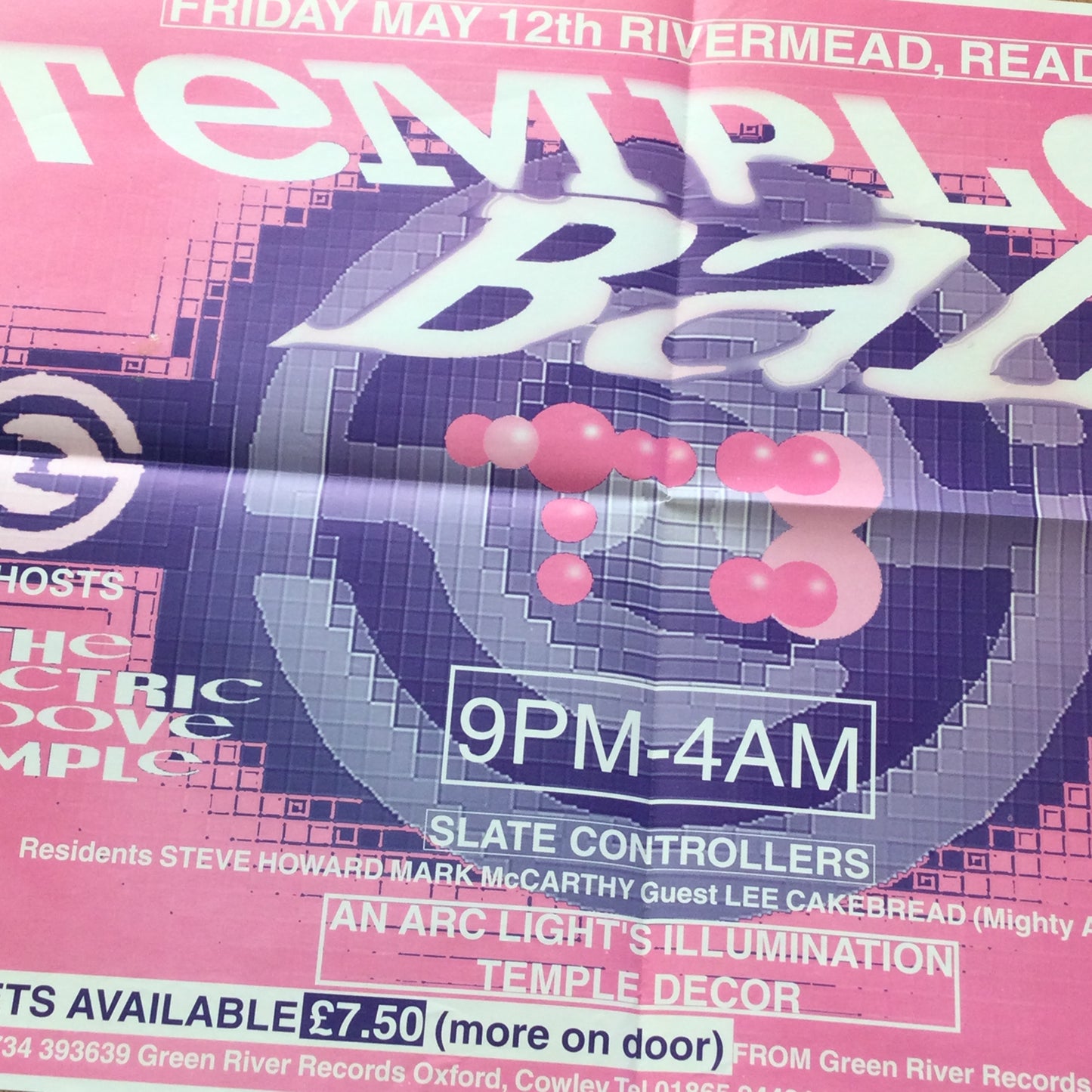 A2 Large Pink Poster. Temple Ball Rivermead Reading. 90s Music scene Reading town. Electric Groove Temple.