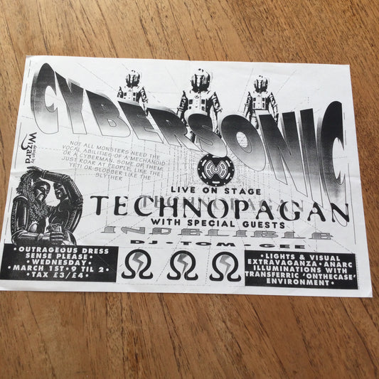 1990s clubbing rave memorabilia. Flyer for Cybersonic, Reading. With Technopagan, Indelible, Tom Gee